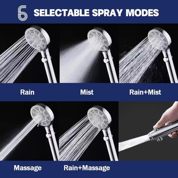 EFEMF-High Pressure Shower Head with ON/Off Pause Switch Button, 5 Mode Handheld Shower Head with Hose and Adjustable Bracket, Chrome, Easy to Wash Hair, Kid Bath, Pet Bath