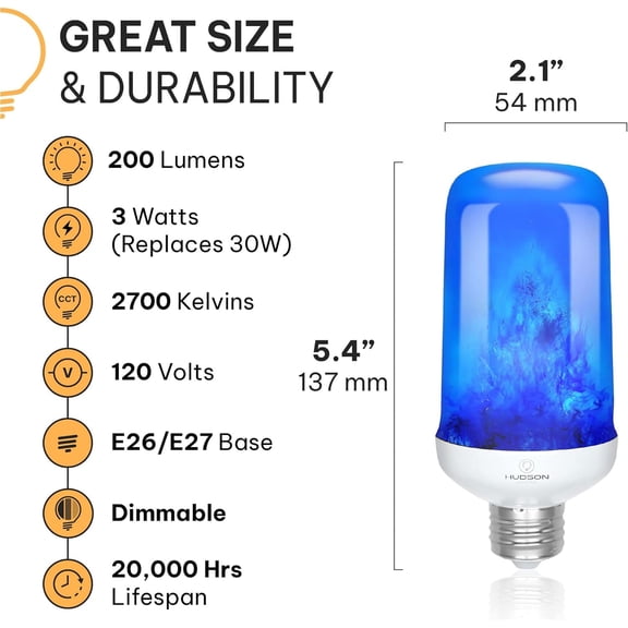EFEMF-Hudson Blue LED Flame-Effect Bulb - 3W 4-Mode Flicker with Upside Down Design - E26/E27 2-Pack for Indoor & Outdoor Use