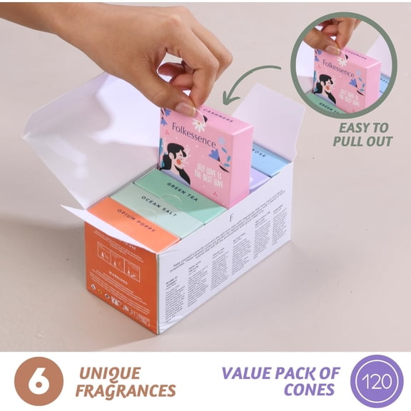 EFEMF-Incense Cones (120 Cones) | Set of 6 Romantic Fragrance Insence Cones for Room Freshness, Aromatherapy, Valentines Gifts for Her| No Charcoal, Non Toxic Green Tea, Rose Inscents-Cones