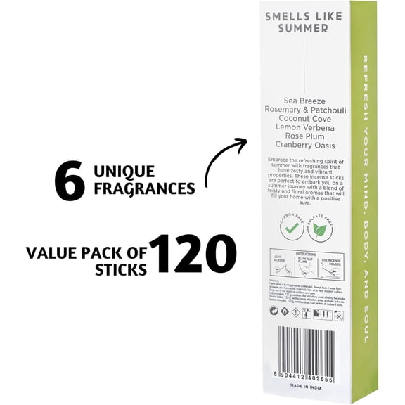 EFEMF-Incense Sticks (120 Sticks) | Set of 6 Smell Like Summer Incense for Gifts, Aromatherapy | No Charcoal,Organic,Non Toxic,45 Mins Burn Time Sea Breeze, Lemon Summer Scents Insence-Sticks