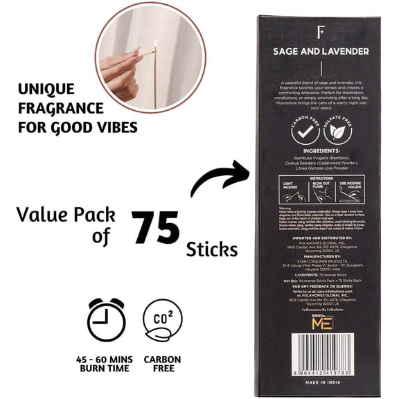 EFEMF-Incense Sticks (75 Sticks) |8" Premium Sage & Lavender Incense Sticks for Meditation, Aromatherapy, Cleansing, Focus | No Charcoal,Organic, Non Toxic, 45 Mins, Long Burning Insence-Sticks