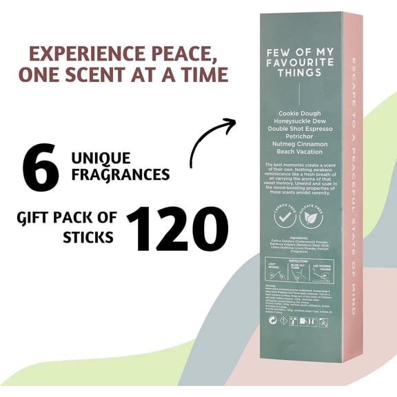 EFEMF-Incense Sticks Gift Set (120 Sticks) | Set of 6 Premium Sweet Incense for Beach, Summer Vacation | No Charcoal, Organic, Non Toxic, 45 Mins Long Burning Petrichor, Espresso, Coffee