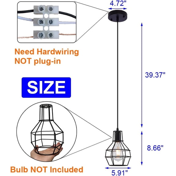 EFEMF-Industrial Pendant Light, Rustic Farmhouse Pendant Light, Black Metal Wire Cage Hanging Light Fixture for Kitchen Island Dining Room Hallway Bar