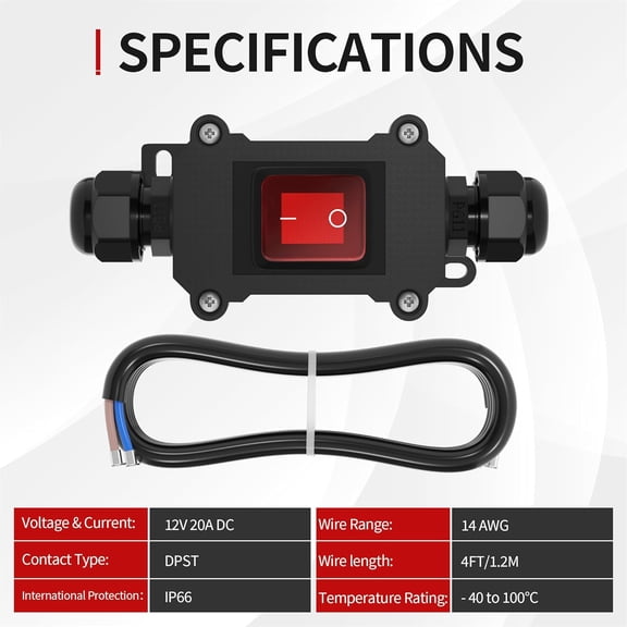 EFEMF-Inline Cord Switch 12V 20A DC Waterproof Inline Switch IP66 Red Lighted 2 Position 4 Pin DPST with 14 AWG Wire Outdoor Inline Power Lamp ON/Off Switch