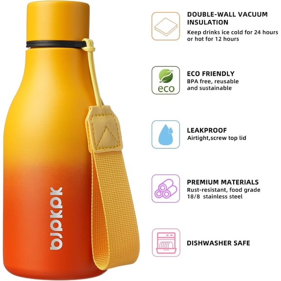 EFEMF-Insulated Water Bottles, 12oz Stainless Steel Metal Water Bottle with Strap, BPA Free Leak Proof Jugs, Mugs, Flasks, Reusable Thermal Flasks for Sports & Travel, Sunset Orange