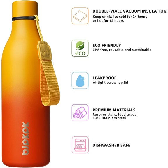 EFEMF-Insulated Water Bottles, 25 oz Stainless Steel Metal Water Bottle with Strap, BPA Free Leak Proof Jugs, Mugs, Flasks, Reusable Thermal Flasks for Sports & Travel, Sunset Orange