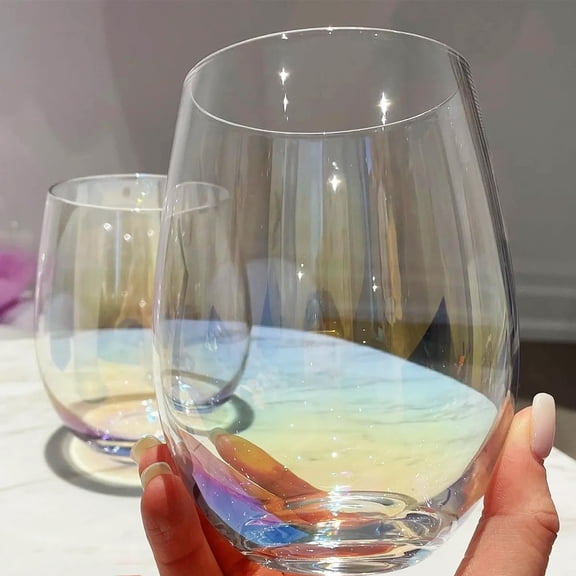 EFEMF-Iridescent Stemless Wine Glasses for Red or White Wine (Set of 2), 18-Ounces, Large Wine Glasses for Cabernet, Pinot Noir, Burgundy, Bordeaux
