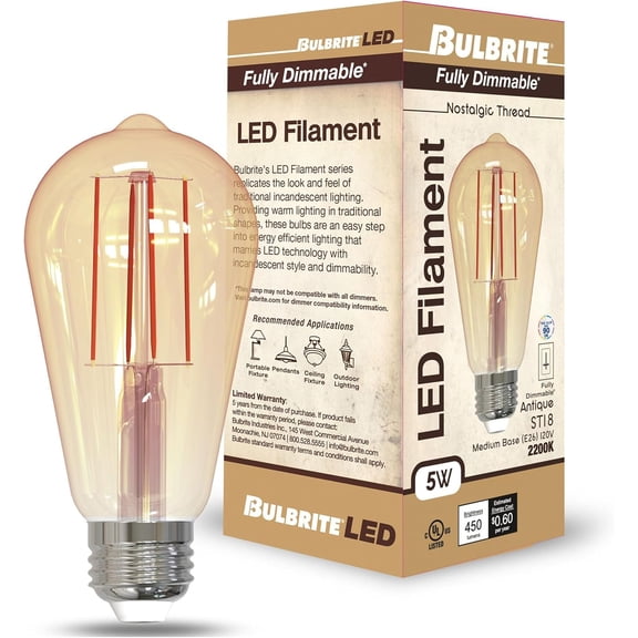 EFEMF-Item 776801 LED Filament, 2200K, Fully Compatible Dimming, Bulb Type ST18, 5 Watts, Bulb Base E26, 450 Lumens, 120V, CRI 90, Amber Light, Decorative