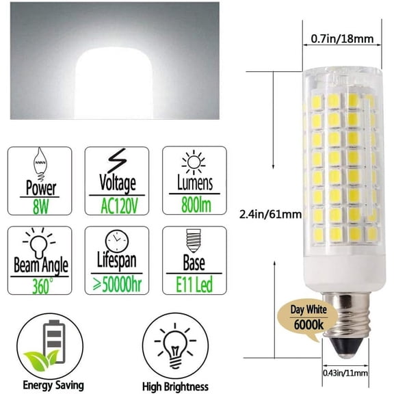 EFEMF-JD T3/T4 E11 Mini Candelabra Base,8W Dimmable,80W Halogen Bulb Replacement,800LM,AC120V,E11 LED Daylight White 6000K for Indoor Decorative Lighting(Pack of 2)