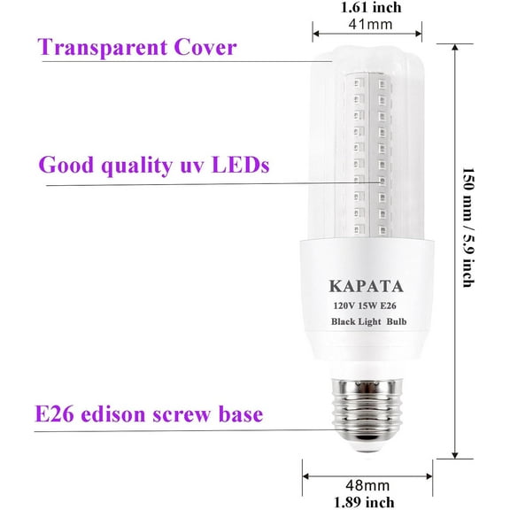 EFEMF-Kapata 15W LED UV Black Light Bulb Energy Saving UV Black Lights UVA Level 395-400nm, Glow in The Dark , 100W Black Fluorescent Light Equivalent E26 120V , 2- Pack
