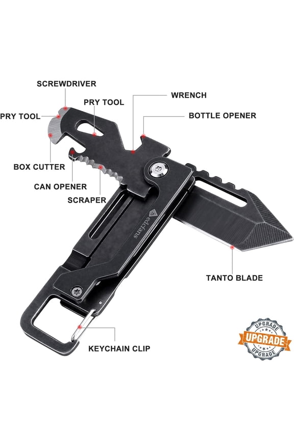 -Keychain Knife, Carabiner Multitool, Tanto Pocket Knife with Key Clip, Box Cutter, Can/Bottle Opener, Screwdriver Wrench, Pry Tools, EDC Hiking Camping Gear, Gifts for Men Women Everyday Carry