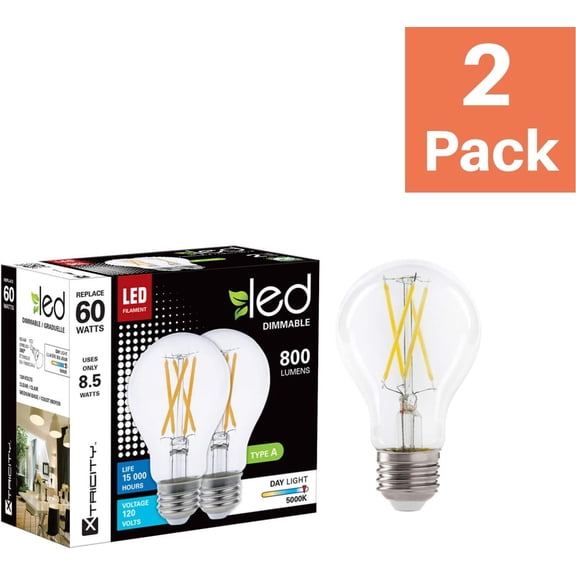 EFEMF-LED 9W A19 Filament Clear Light Bulb, 60W Equivalent, 800 Lumens, 5000K Daylight Dimmable, E26 Medium Base, 120V, UL Listed (2 Pack)
