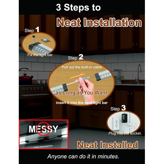 EFEMF-LED Under Cabinet Lighting Touch cabinet light Built-in Adjustable Cable No MESSY Wires! 3 Panel Counter Lights for Kitchen Garage Pantry Closet 3000K 1350Lm Super Bright Good for Timer Smart P