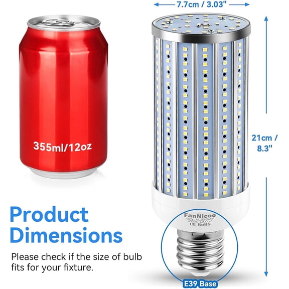 EFEMF-LED Corn Light Bulb 500W Equivalent 60W 5500Lumen 6500k E39 Mogul Base LED Corn Bulb Large Area Cool Daylight White Corn Lamp for Indoor Outdoor Garage Warehouse Factory Workshop