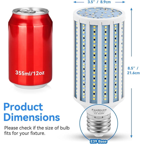 EFEMF-LED Corn Light Bulb 500W Equivalent 60W 6000Lumen 6500k E39 Mogul Base LED Corn Bulb Large Area Cool Daylight White Corn Lamp for Indoor Outdoor Garage Warehouse Factory Workshop Backyard Barn