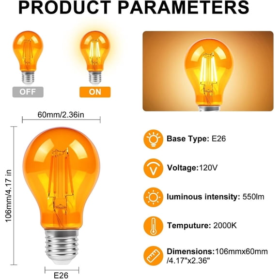 EFEMF-LED Edison Bulbs, 60 watt Light Bulbs Replacement 6W 2000K E26 A19 Amber Soft Warm Light Bulb for Bedroom, Healthy Sleep,Turtle Friendly Light Bulbs 4 Pack