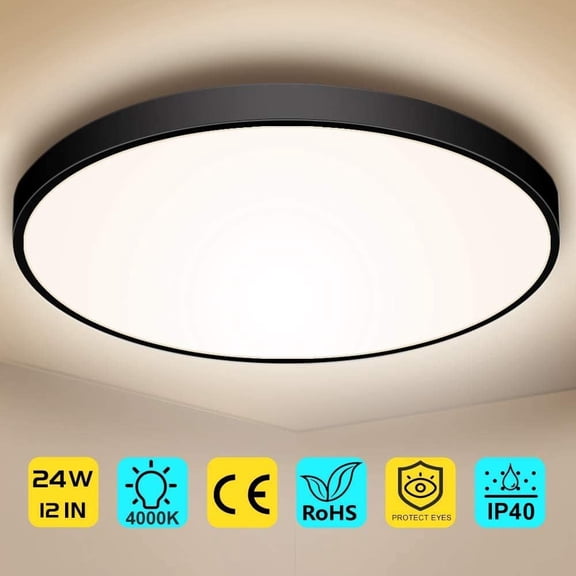 EFEMF-LED Flush Mount Ceiling Light Fixture, 12 Inch 24W (240W Equivalent) 4000K Natural White, 3200LM, Flat Modern Round Lighting Fixture, Black Ceiling Lamp for Kitchens, Stairwells, Bedrooms.etc.