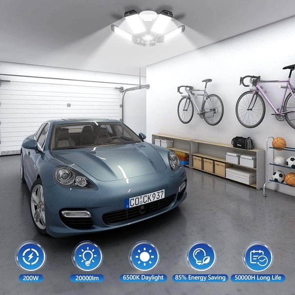 EFEMF-LED Garage Light - 200W 20000LM Garage Lights Ceiling LED, 6500K Shop Lights Screw in E26/E27 Bulb Socket with 6 Deformable Panels, Lighting for Workshop Basement Barn