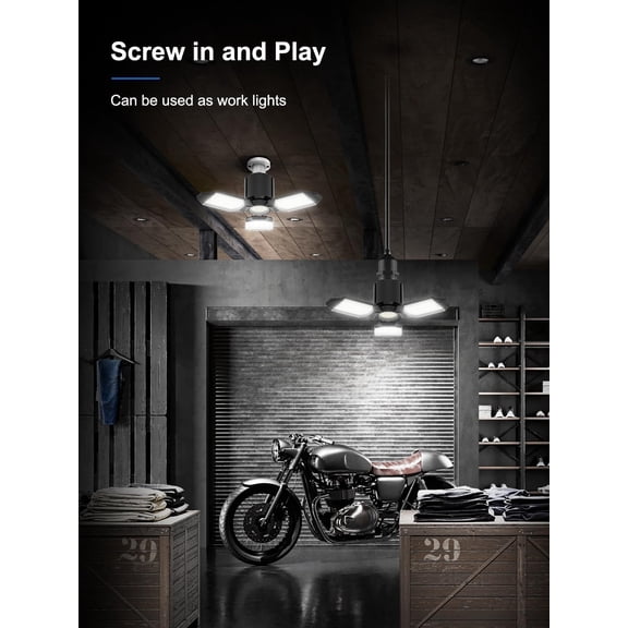 EFEMF-LED Garage Light Bulbs 2 Pack, 8000LM Shop Lights with 3+1 Deformable Panels, 6500K Screw in Ceiling Lights for Garage, Workshop, Workbench, Basement