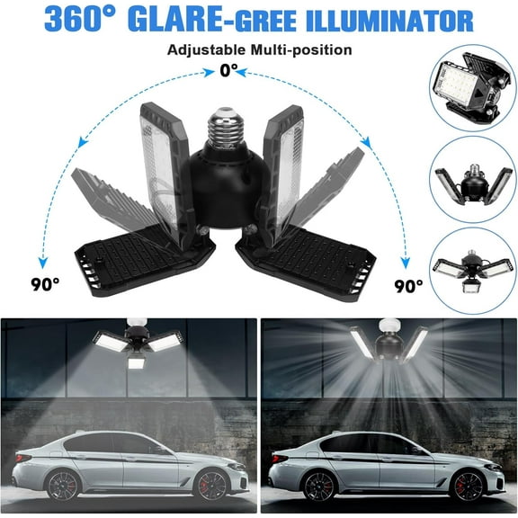 EFEMF-LED Garage Lights Bulb 2 Pack -80W, 8000LM 6500K Led Shop Light with 3 Deformable Panels, Basement Barn Light Garage Ceiling Lights, E26/E27 for Garage, Warehouse, Shop, Basement