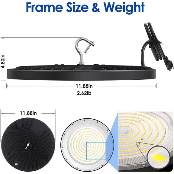 EFEMF-LED High Bay Light ECO 150W x1, 12' UFO Ceiling Lighting Fixture w/Plug for Garage Shop Warehouse Workshop, 5000k 15000lm Non-Dimmable IP65 (Count of 1 White)