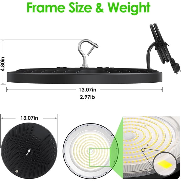 EFEMF-LED High Bay Light ECO 200W, 15' UFO Ceiling Lighting Fixture w/Plug for Garage Shop Warehouse Workshop, 5000k 20000lm Non-Dimmable IP65 (1-Pack White)