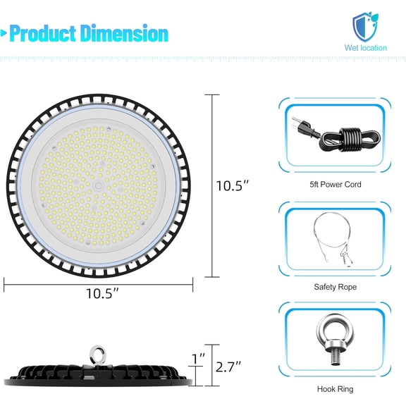 EFEMF-LED High Bay Lights, 150W Dimmable UFO Style, 6500K Color Temp, IP65 Rated for Wet Locations, Commercial Warehouse Lighting 2 Pack, US Plug for Warehouse, Garage, Shops, Black White