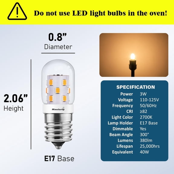 EFEMF-LED Microwave Light Bulbs Under Hood, E17 LED Bulb Dimmable for Range Hood 40W Equivalent, 3W 380 Lumens, LED Appliance Light Bulb Over Stove, Soft White 2700K, 2 Pack
