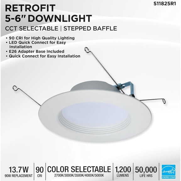EFEMF-LED Retrofit Downlight with Stepped Baffle, CCT Selectable 2700K/3000K/3500K/4000K/5000K, 5-6 Inch Round (High Lumen), White
