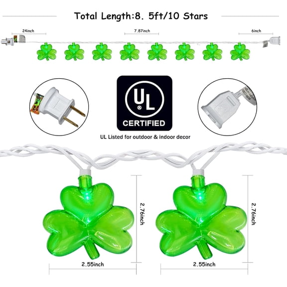 EFEMF-LED Shamrock String Lights Outdoor, 8.5Ft St. Patrick's Day Decorations Lights with 10 Green Clover Light, Plug in Shamrock Fairy Light for Indoor Outdoor St. Patrick's Day Party Irish Window G