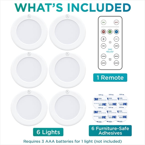 EFEMF-LED Tap Light Push Lights with Remote - 6-Pack Battery Operated Under Cabinet Lights - Stick On Puck Lights for Kitchen, Closet, and Night Lighting - Wireless Warm White, 55 Lumens