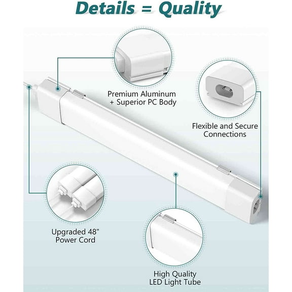 EFEMF-LED Tube Light Fixture with Plug, 1.4FT 1800LM 5000K Utility Shop Light, Linkable Cabinet Light for Garage, Kitchen, Bathroom, Closet, Office - 1.4Ft, Triproof, White