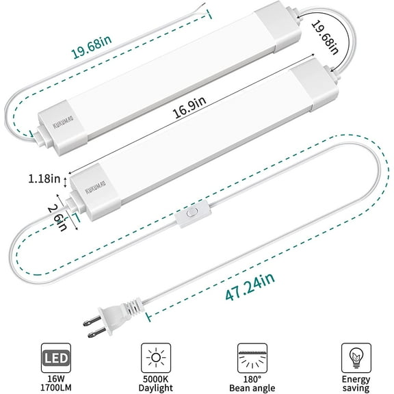 EFEMF-LED Tube Light Fixture with Plug, 1.4FT 1800LM 5000K Closet Lights, Linkable Cabinet Light for Garage, Kitchen, Bathroom, Closet, Office