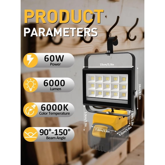 EFEMF-LED Work Light for Dewalt 20v Max Battery, 60W 6000LM Flashlight 20v, Flood Battery Light with USB & Type-C Charging and 140Pivoting Head for Jobsite, Garage, Camping, Emergency