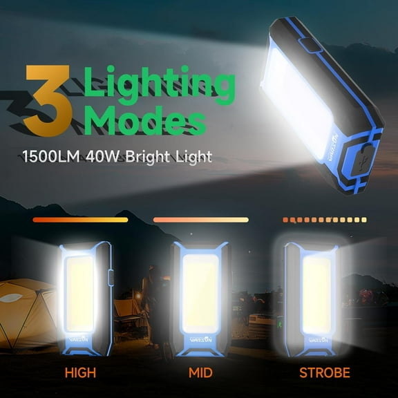 EFEMF-LED Work Light Rechargeable, Magnetic COB Portable Worklights, 40w 1500 Lumens,Metal Hanging Hook 3 Lighting Modes, Job Site Lighting for Car Repairing,Camping,Hunting Repairing, Blue