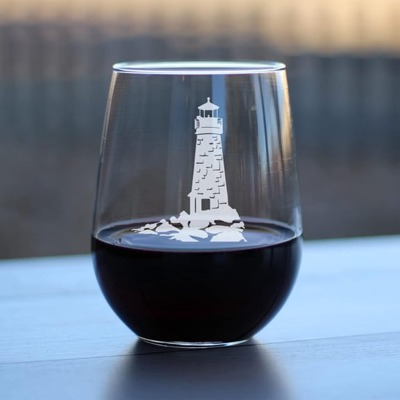 EFEMF-Lighthouse - Stemless Wine Glasses - Nautical Themed Decor and Gifts for Beach Lovers - Large 17 Ounce