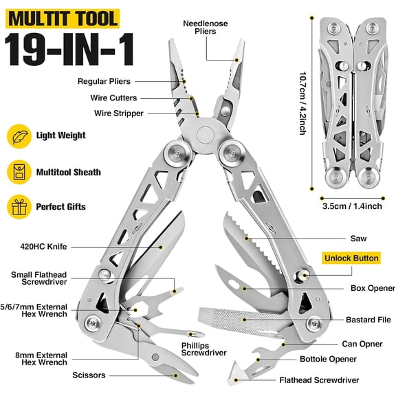 EFEMF-Lightweight Multitool,19-in-1 Multipurpose Plier,420HC Knife,Bottle Opener,Saw,with Nylon Sheath Great for Camping, Hiking, Outdoor, Survival, Simple Repair