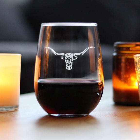 EFEMF-Longhorn - Stemless Wine Glass - Western Themed Farm Decor and Gifts for Texan Ranchers - Large 17 Ounce