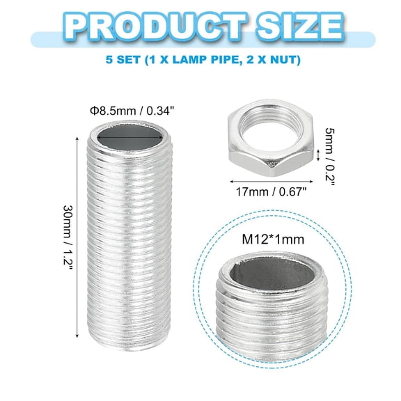 EFEMF-M12 Thread 30mm/1.2" Lamp Pipe Kit with Lock Nuts, 5 Set All Thread Rods Fasteners Hardware for Chandelier Ceiling Light DIY, Zinc Plating