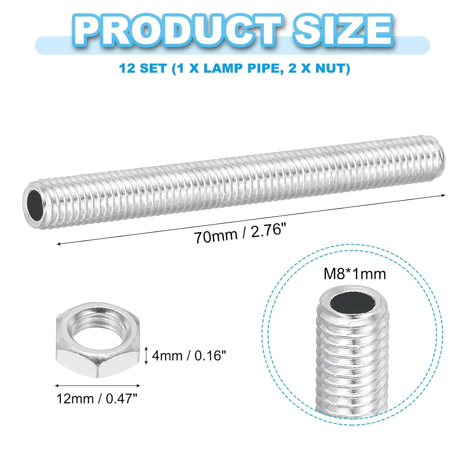 M6 Thread Light EFEMF-M8 Fine Thread Carbon Steel Lamp Pipe with Nut, 12 Set 70mm/2.76 ...