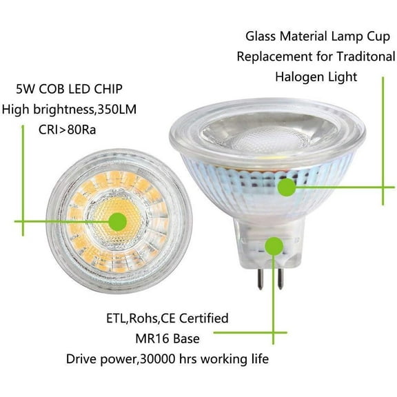 EFEMF-MR16 5W AC/DC 12V COB LED Bulbs(4 Pack) Bi Pin Base, G5.3 50W Halogen Light EquivalentDimmable,3000K Warm White Ultra Bright LED Spot Light 12V Recessed Lighting