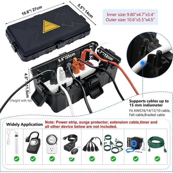 EFEMF-Medium Outdoor Electrical Box(10.6x5.5x4.5inch),Weatherproof Connection Box w/6 Cable Entry,IP54 Waterproof Extension Cord Cover Protect Power Strip,Timer,Plug,Holiday Lights,Black