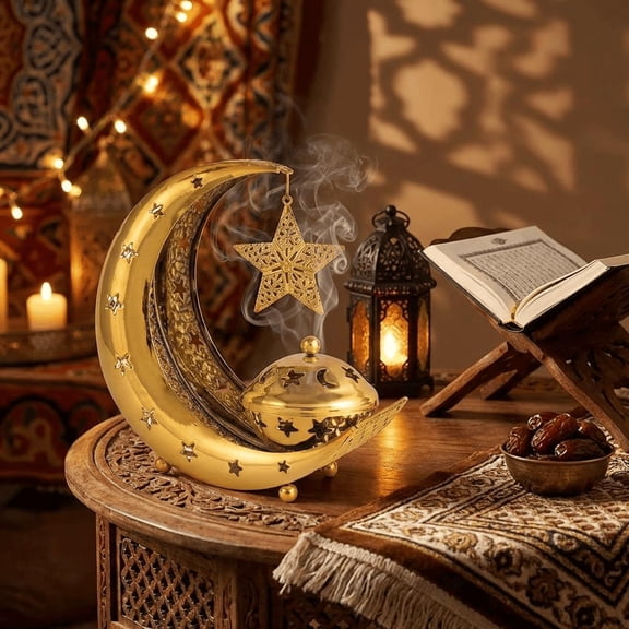 EFEMF-Metal Ramadan Dates Holder with Lid, Gold Crescent Moon Stand Star Table Centerpieces Home Decorations, Eid Mubarak Incense Burner Dishes Bowl Food Serving Tray Decor, Islamic Muslim Gift