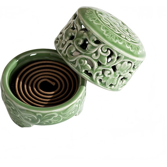 EFEMF-Mini Ceramic Incense Burner - Chinese Classic Plum Green Celadon Glaze, Fragrance Cone & Stick Holder Palo Santo/Sage/Herb Burner for Meditation, Yoga, Desk Decor, Zen Relaxation Gift (Cloud-A)