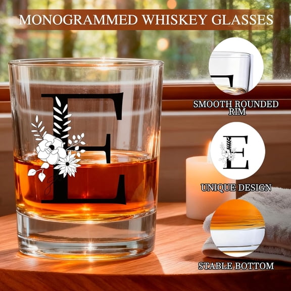 EFEMF-Monogrammed Whiskey Glasses Gifts Set with Bracelet,Unique Valentines Mothers day Birthday Wedding Party Groomsmen Father's Day Gifts for Men Him Dad Husband Brother (E)