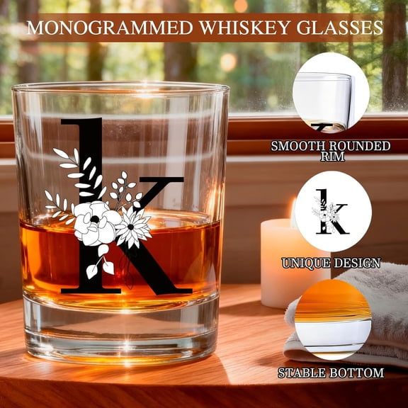 EFEMF-Monogrammed Whiskey Glasses Gifts Set with Bracelet,Unique Valentines Mothers day Birthday Wedding Party Groomsmen Father's Day Gifts for Men Him Dad Husband Brother (K)