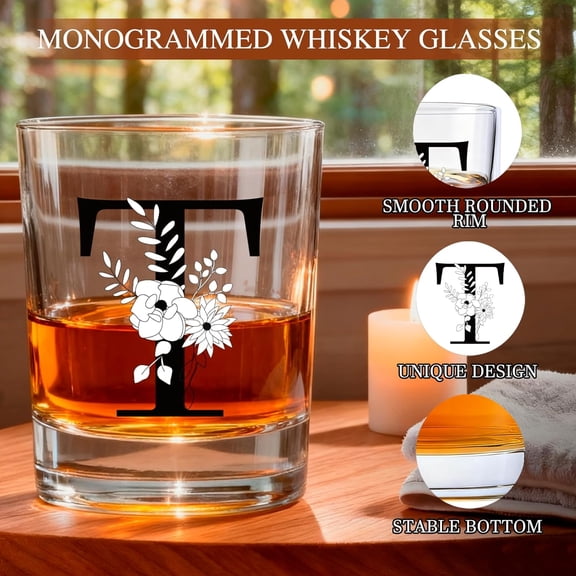 EFEMF-Monogrammed Whiskey Glasses Gifts Set with Bracelet,Unique Valentines Mothers day Birthday Wedding Party Groomsmen Father's Day Gifts for Men Him Dad Husband Brother (T)