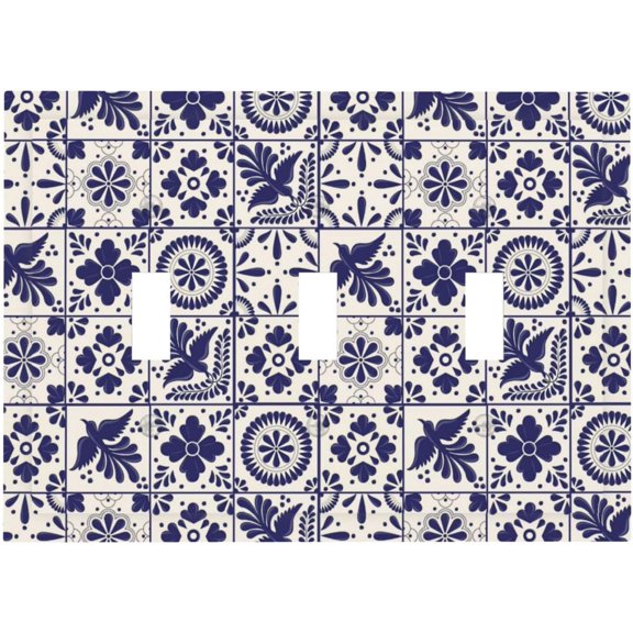 EFEMF-Morocco Mexico Kitchen Spanish Mosaic Tiles Triple Toggle Device Switch Wall Plate 3-Gang Light Switch Cover Blue and White Boho Tile Porcelain Decorative Decorator Wallplate Switchplate Room D