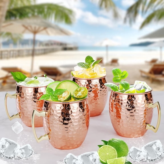 EFEMF-Moscow Mule Mugs Set of 4, 16 OZ Hammered Copper Cups with 304 Stainless Steel Lining and Gold Brass Handles, for Cold Drinks, Beer, Wine, Bars, Parties