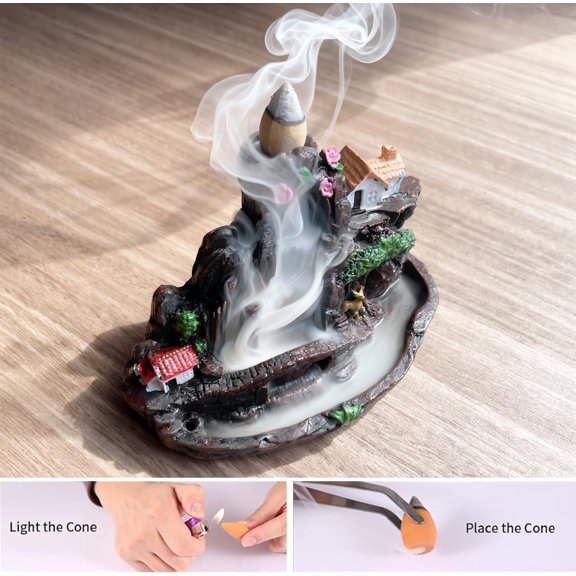 EFEMF-Mountain Waterfall Incense BurnerBackfall Incense Holder River, Incense Falls Meditation Decor for Room with Upgrade Incense Cones (a)
